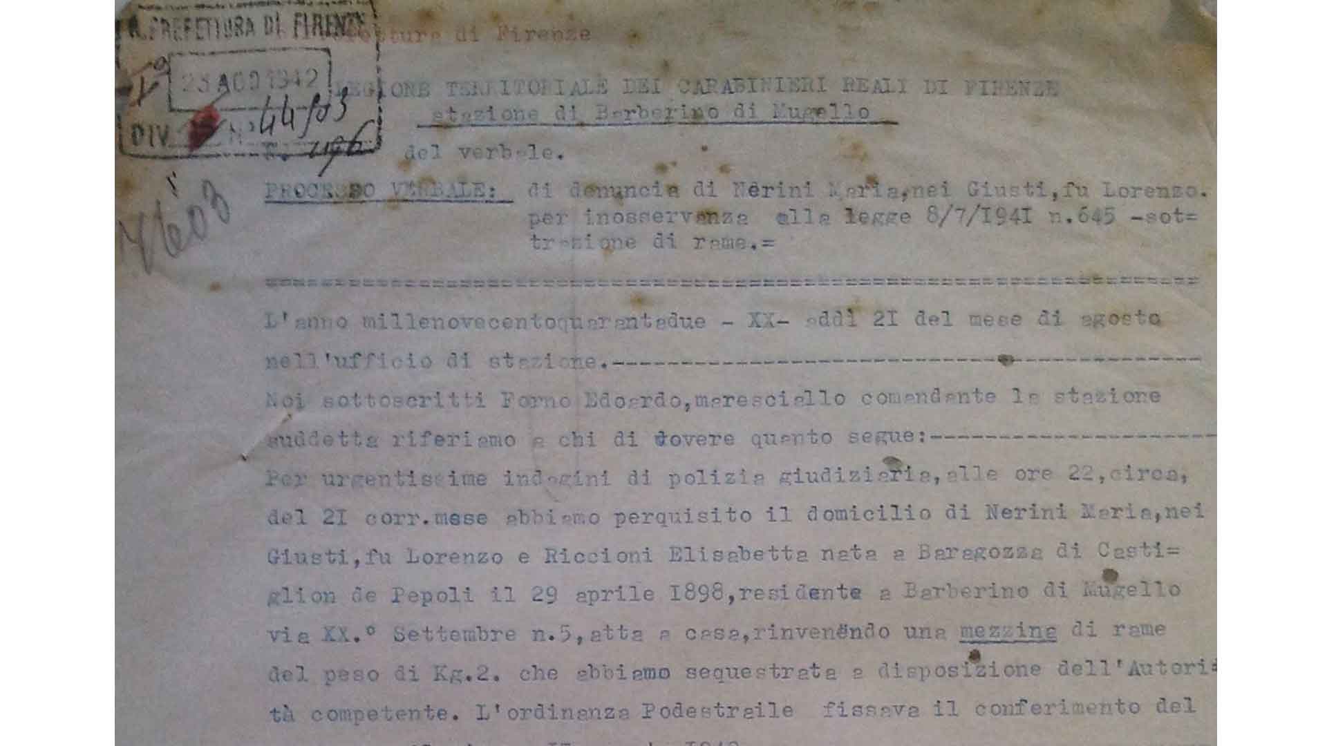 Relazione dei carabinieri di Barberino di Mugello sulla requisizione di una mezzina di rame a Maria Nerini, 21 agosto 1942 (ASFi)